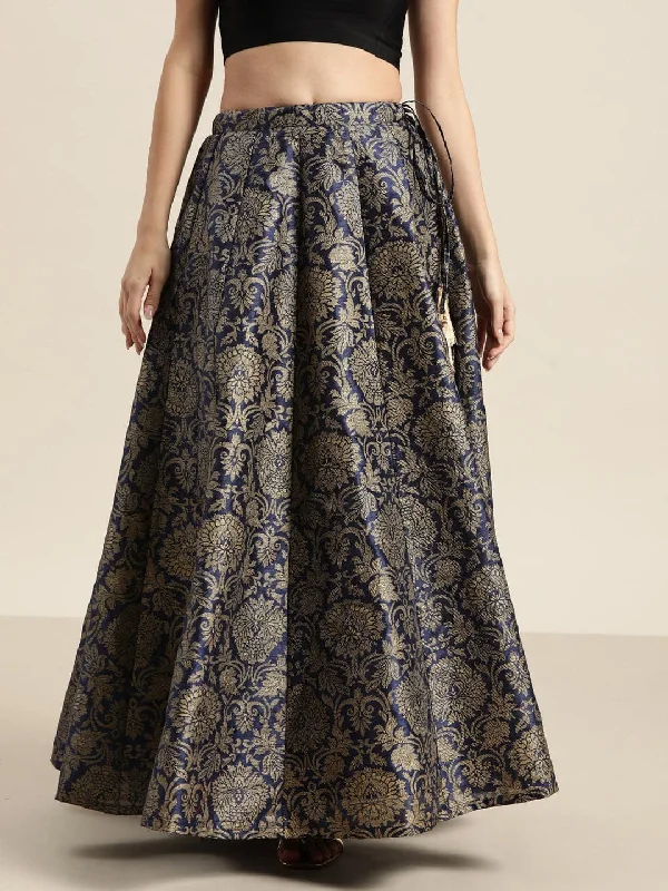 Bold leather skirts for daring fashion statements -Navy Jacquard Floral Anarkali Skirt