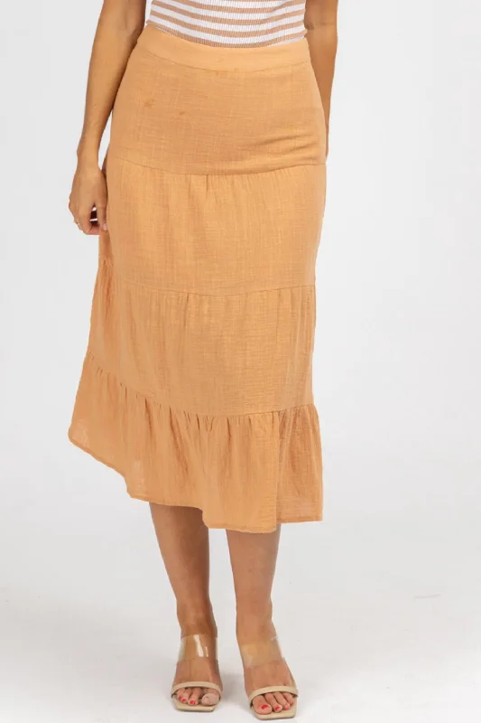 Gauze Tiered Midi Skirt In Orange