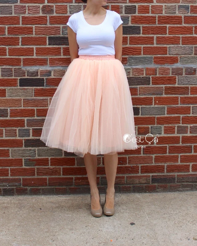 Affordable skirts for budget-friendly wardrobe updates -Claire Blush Peach Soft Tulle Skirt - Below Knee Midi