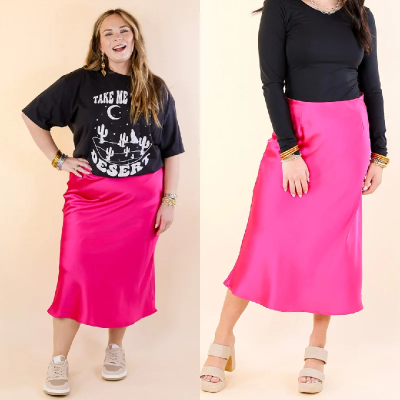 Stretch denim skirts for comfy wear -Bubbly And Blissful Satin Midi Skirt in Fuchsia Pink