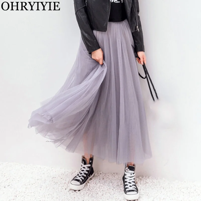 Autumn Summer Vintage Tulle Skirt Women Elastic High Waist Mesh Skirts Long Pleated Tutu Skirt