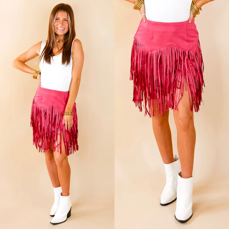 Midi pencil skirts for polished business attire -Pep Into Your Step Suede Fringe Skirt in Pink