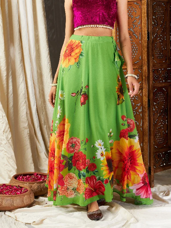 Flowy skirts for effortless beach cover-ups -Women Green Floral Bias Flared Skirt