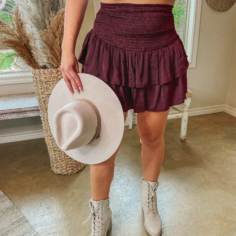 Luxury skirts with intricate embroidery accents -Flirty Delight Ruffle Mini Skort in Maroon