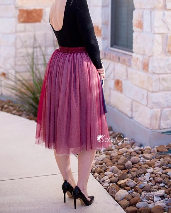 Designer skirts with premium fabric finish -Corinne Ombre Burgundy Soft Tulle Skirt - Below Knee