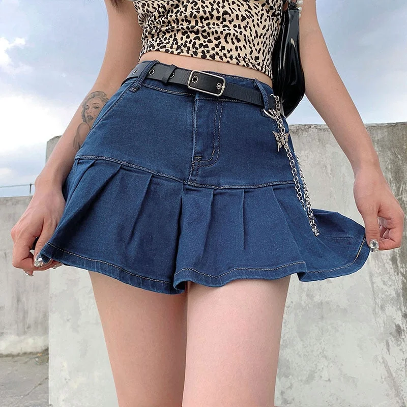 Denim Mini Pleated Skirt Ladies Summer High Waist Jeans Shorts Skirts